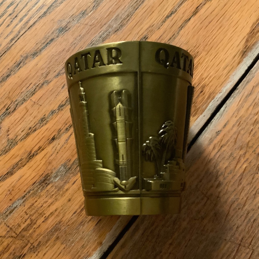 QATAR habibi metal shot glass/ 2 1/8 highx1 3/4” wide mouth